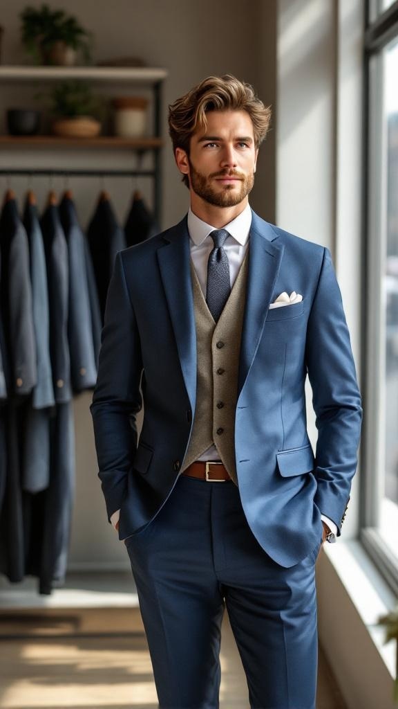 A groom in a blue suit with a light vest, standing confidently in a stylish setting.