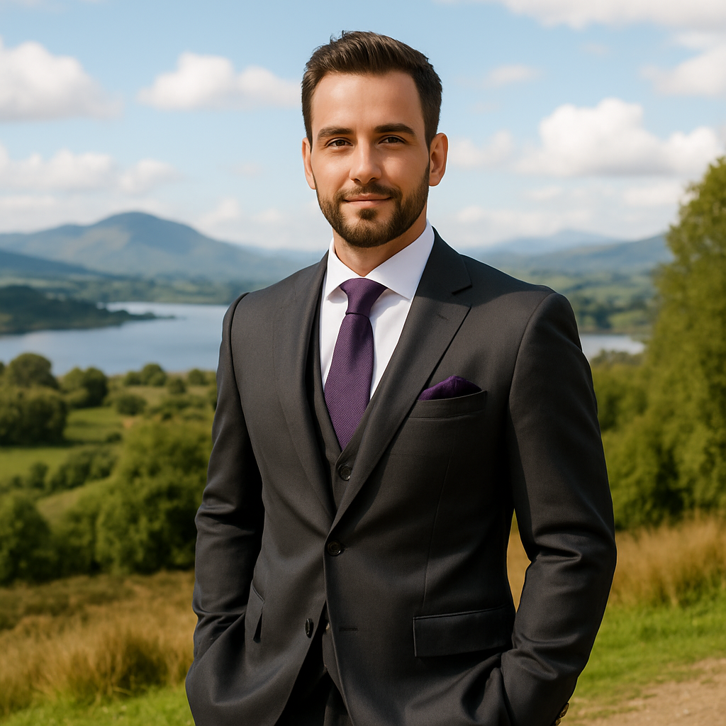 Groom in a black suit with a purple tie and pocket square, standing outdoors with a scenic landscape in the background.