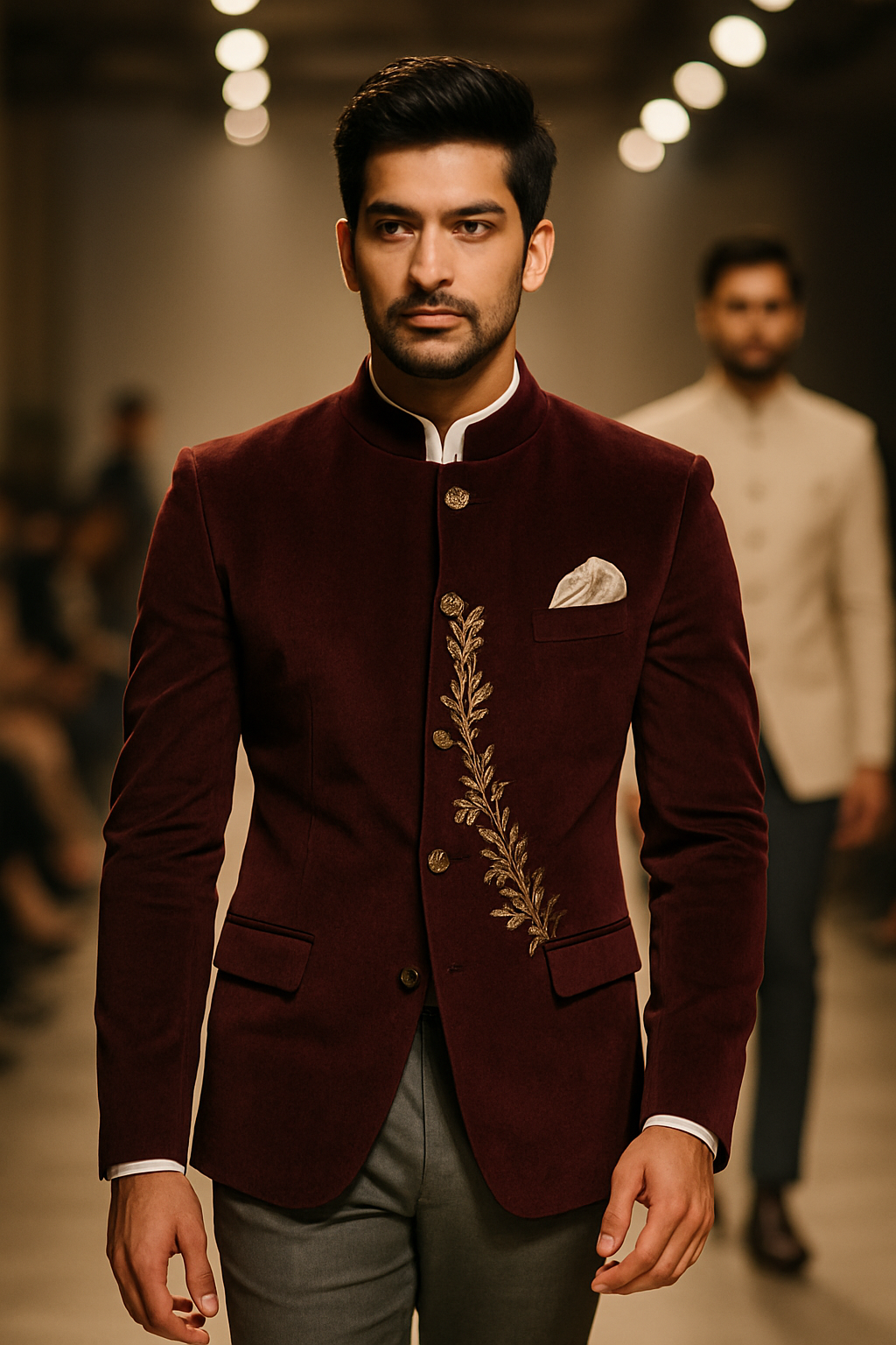 A model wearing a maroon blazer with intricate embroidery, showcasing a modern groom's style for weddings.