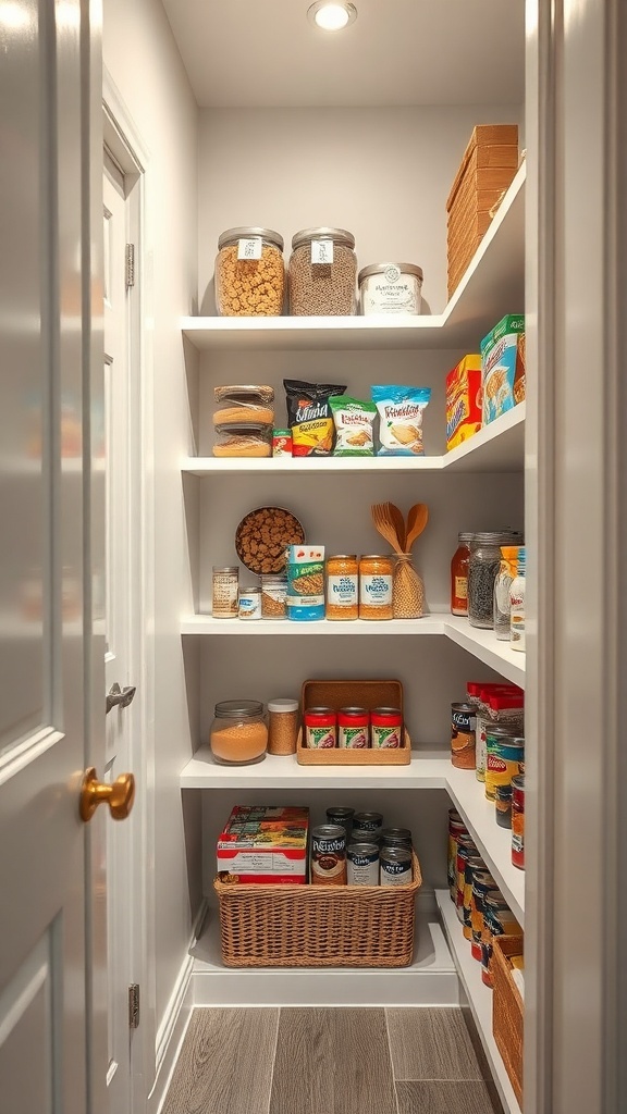 A narrow pantry with organized shelves displaying jars, snacks, and canned goods.