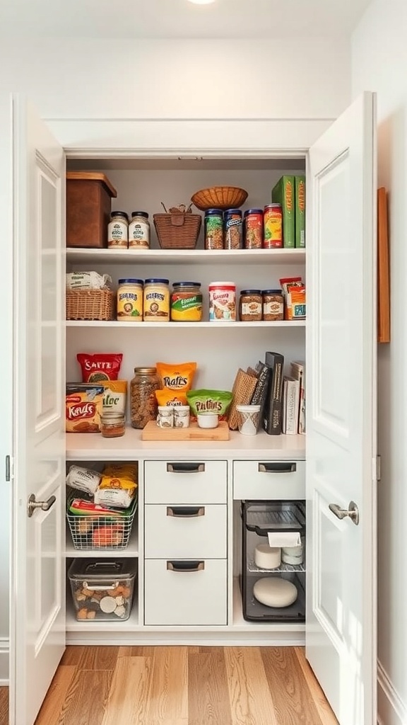 A well-organized small pantry with grouped items on shelves.