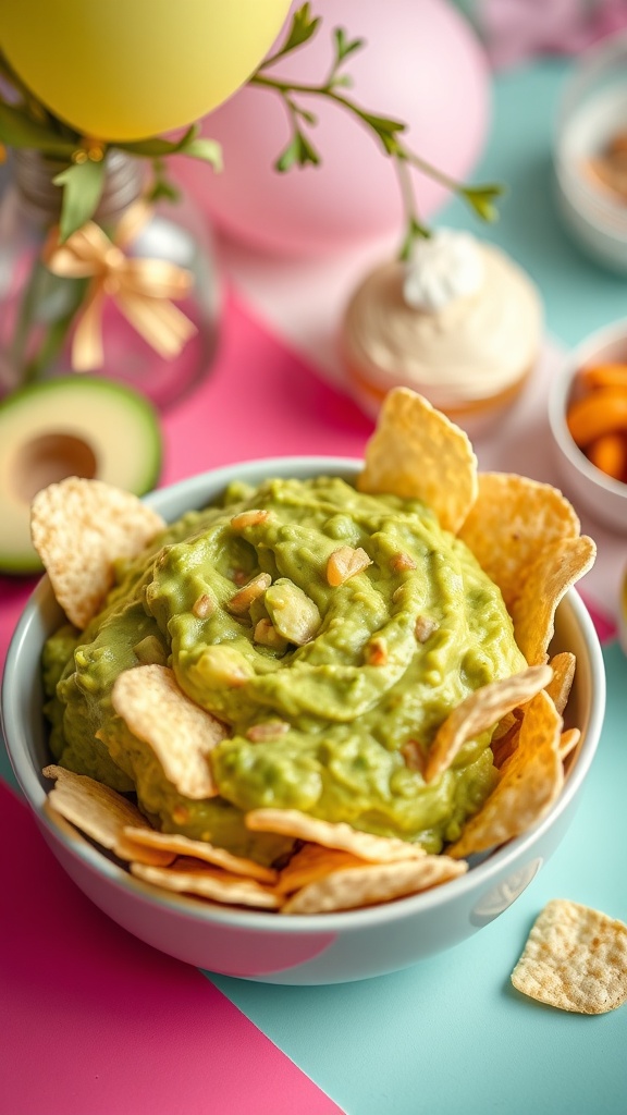 A bowl of guacamole surrounded by tortilla chips, with colorful decorations in the background.