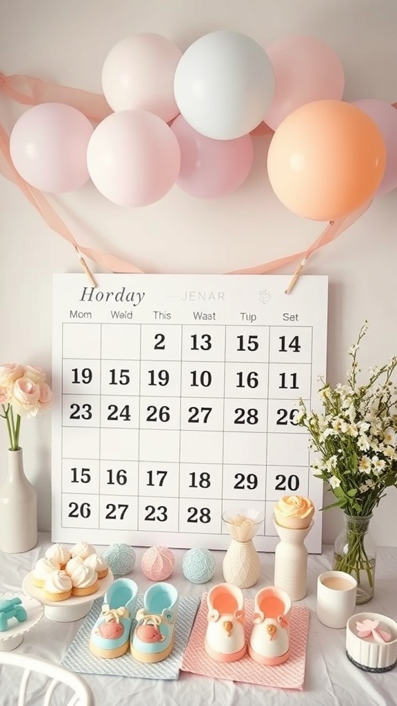 A baby shower setup with a calendar, balloons, and baby shoes.