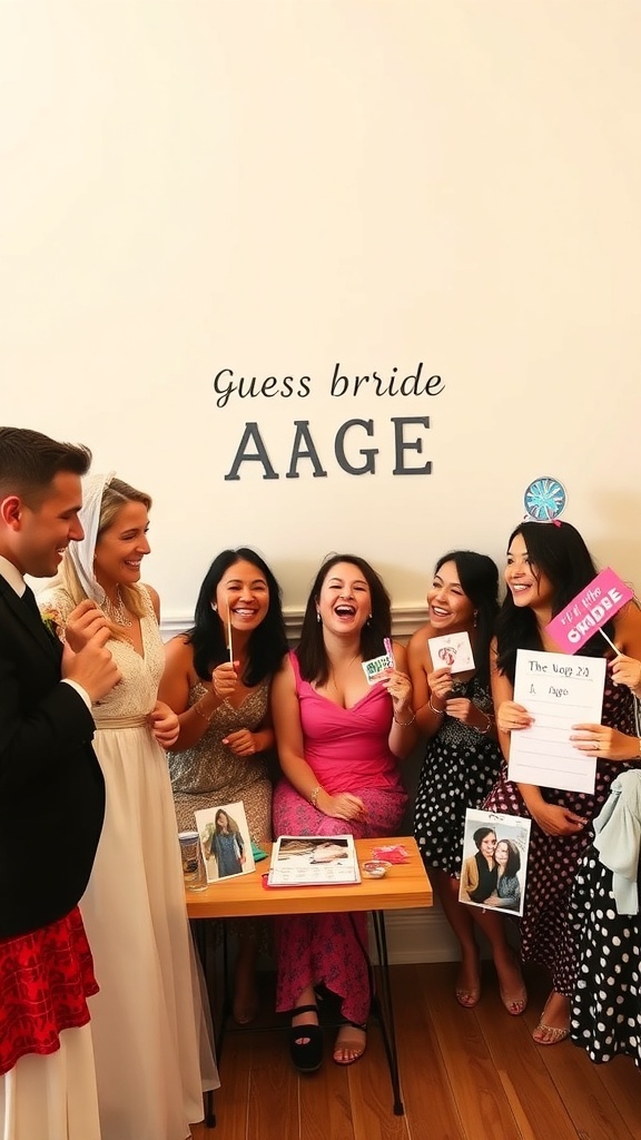 A group of friends enjoying the Guess the Bride's Age game at a bridal shower.
