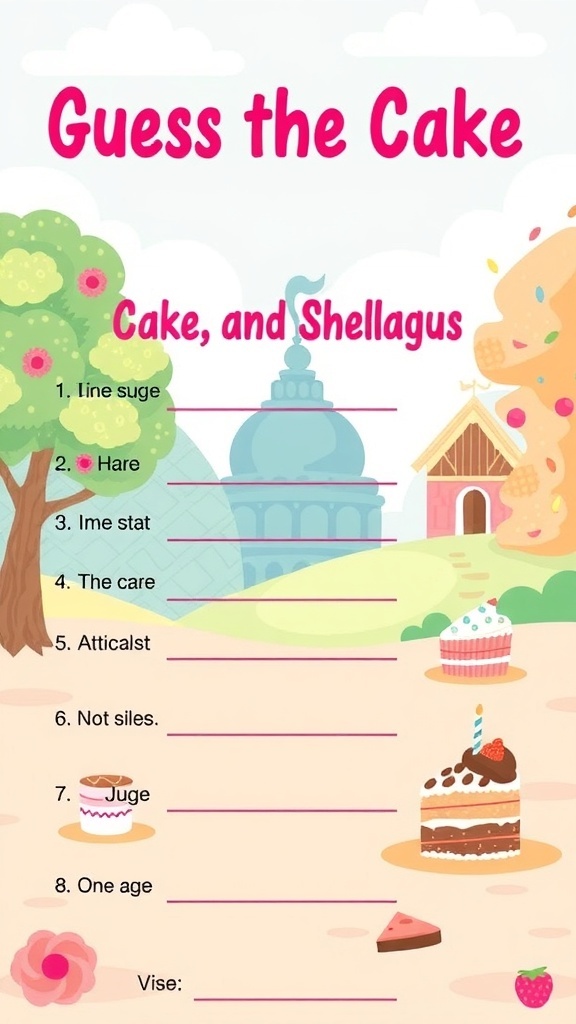 Printable Guess the Cake Flavor game for a bridal shower with playful illustrations.