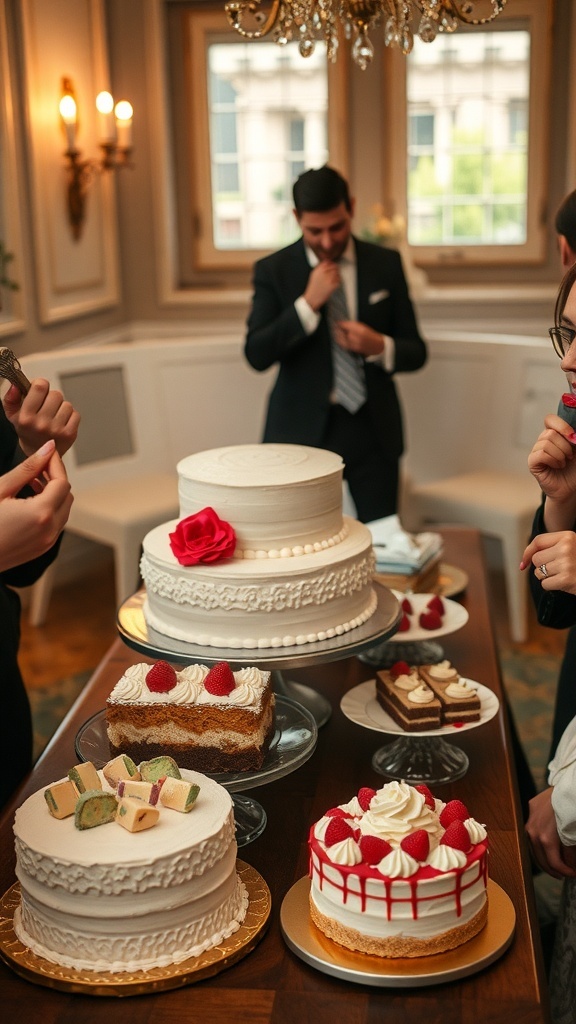 A table with various cakes, including a white wedding cake, a cake with fresh raspberries, and unique layered options, all set for a bridal shower.