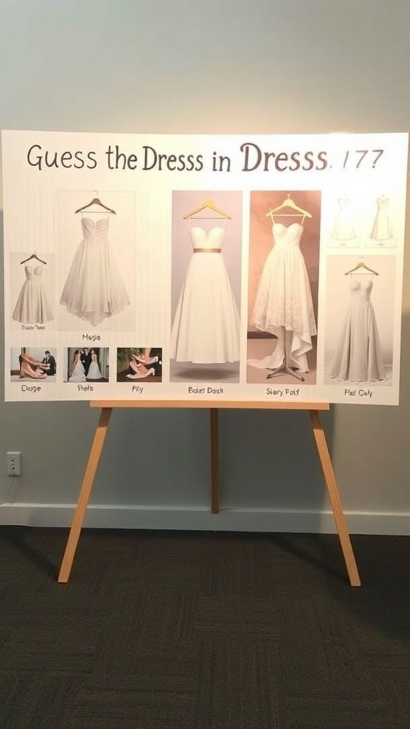 A game setup titled 'Guess the Dress' featuring various wedding dresses displayed