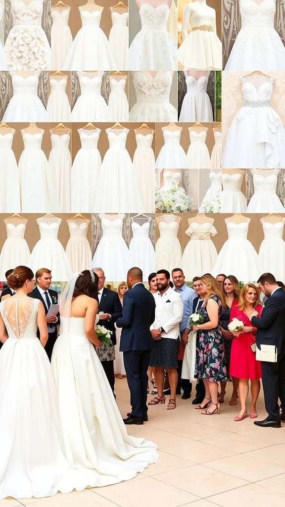 A collage of various wedding dresses displayed at a bridal shower.