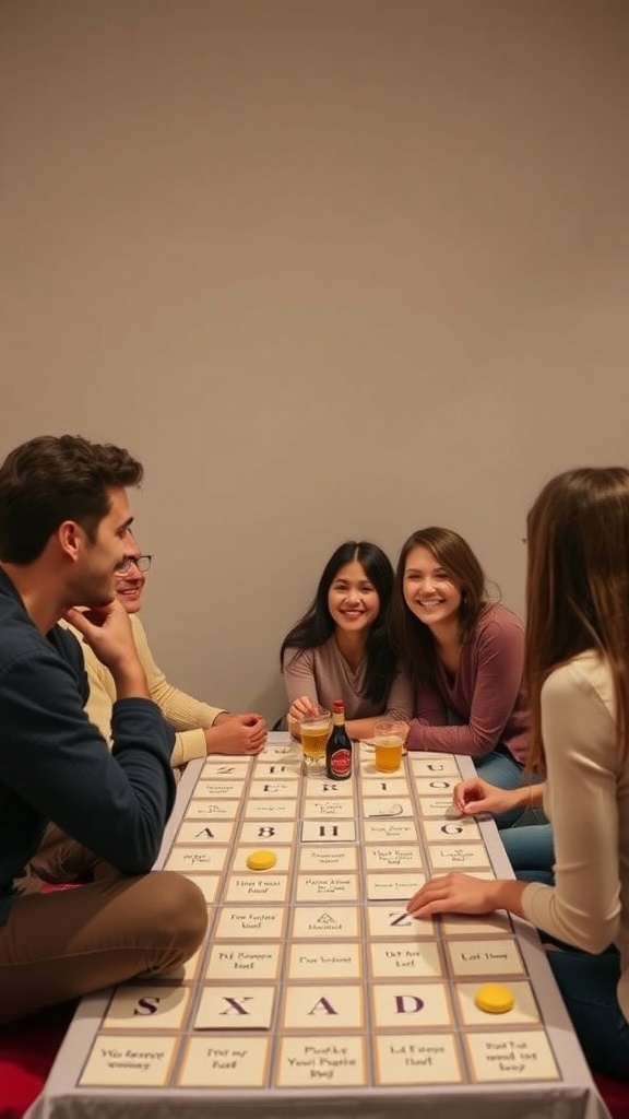 Group of friends playing a guessing game at a bridal shower with a game board showing love story prompts.