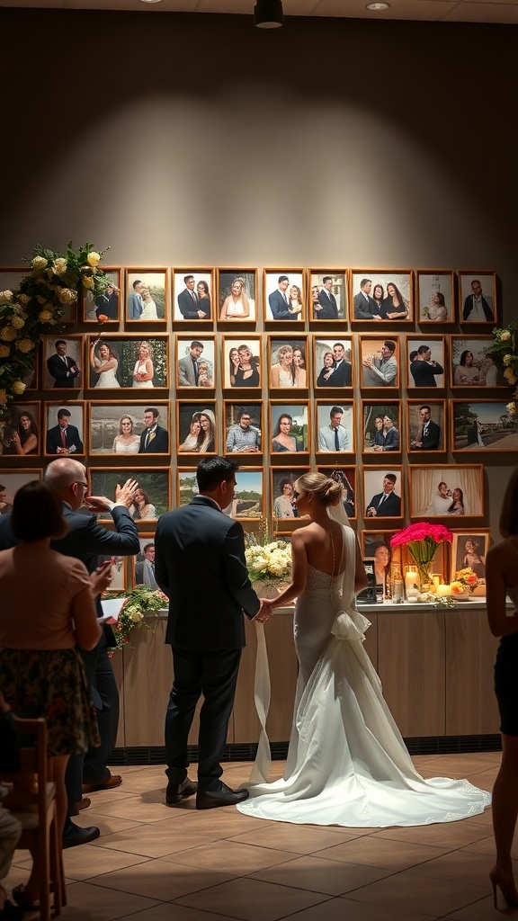 Photo wall with various couples' pictures, showcasing different love stories
