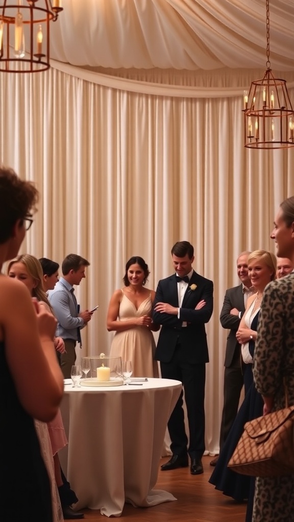 A joyful bridal shower scene with guests engaged in a love story guessing game.