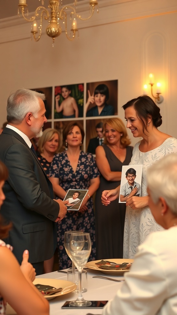 A bride and groom hold childhood photos while guests look on during a wedding reception game.