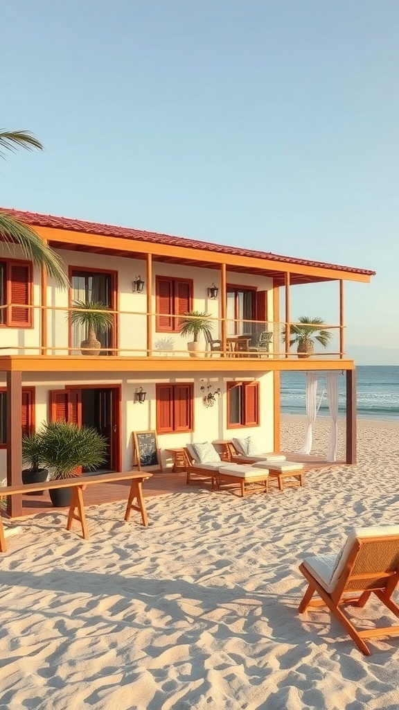 A beachside property with red shutters and outdoor seating on the sand