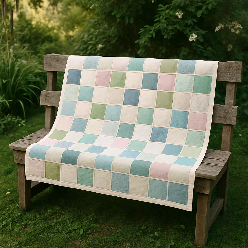A colorful patchwork quilt draped over a wooden bench in a garden setting.