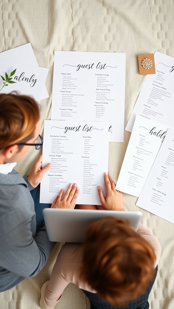 Two people reviewing a wedding guest list and planning their event details.