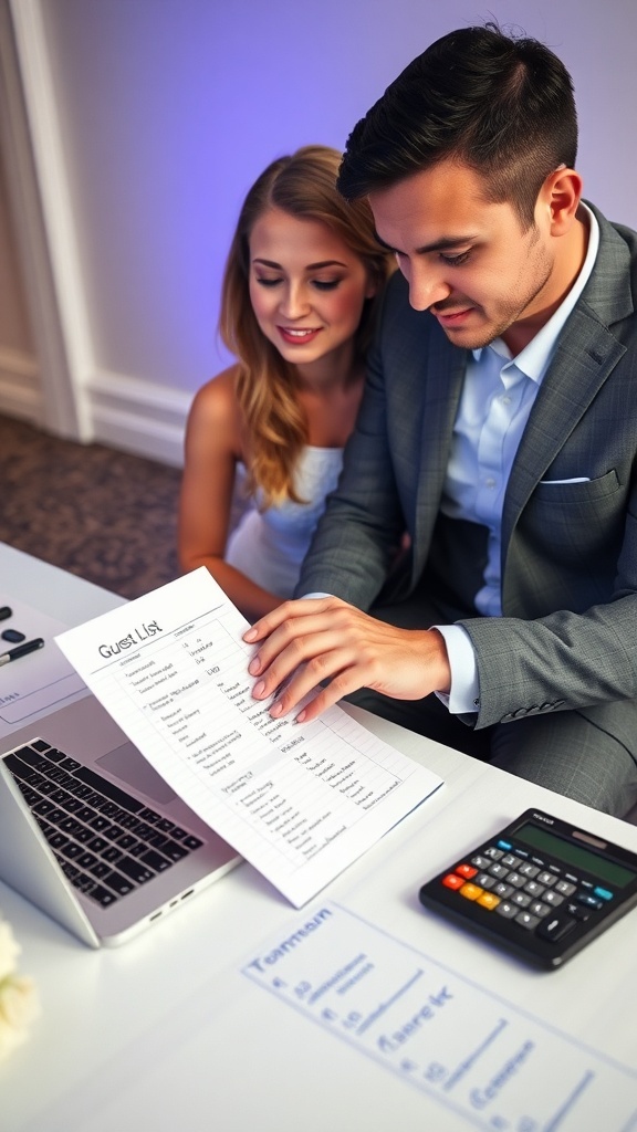 A couple reviews a wedding guest list together, looking at a laptop and using a calculator.