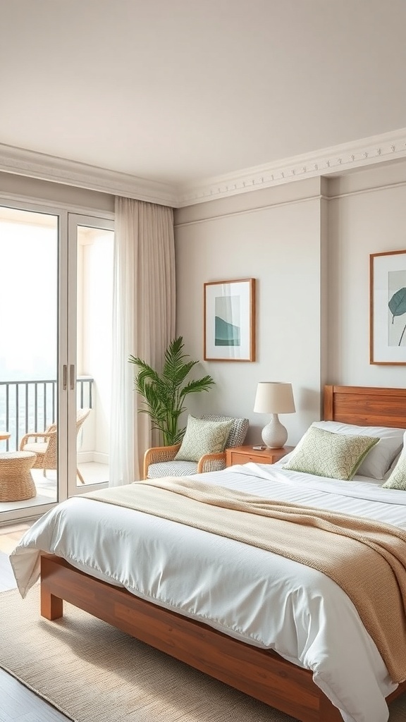 A modern guest suite featuring a wooden bed, soft bedding, and a private balcony with chairs.