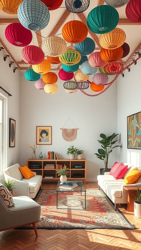 Sala decorada con guirnaldas de papel colorido colgando del techo