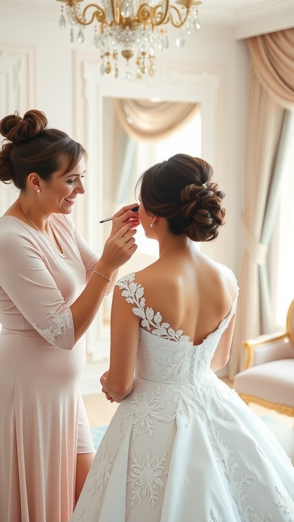 A bride getting her makeup done by a professional hairstylist in an elegant setting.