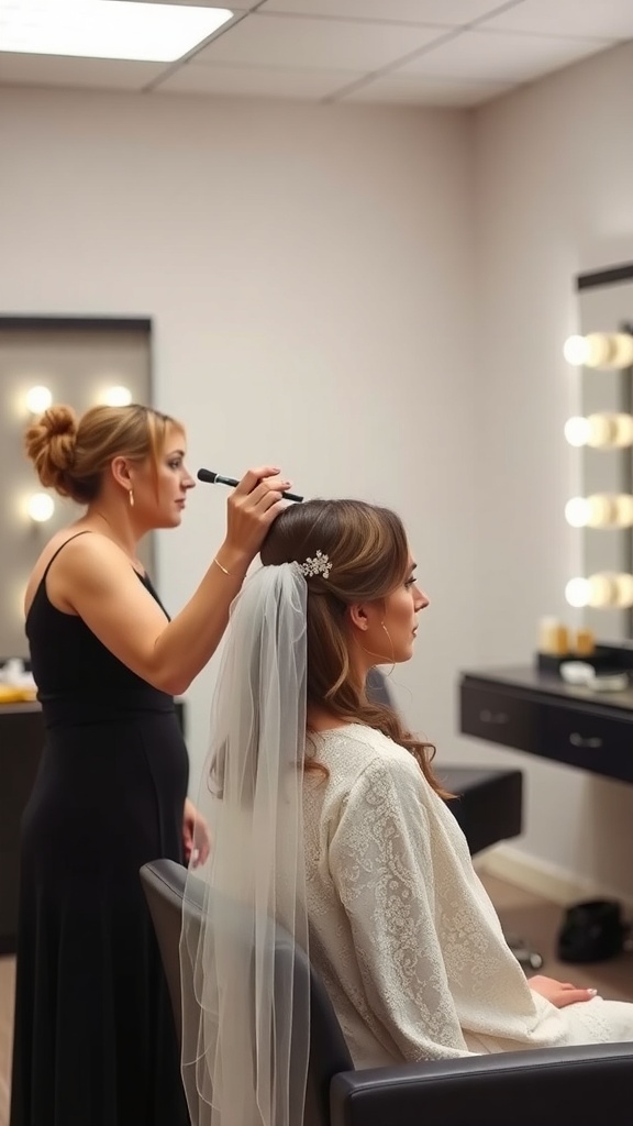 A bride getting her hair and makeup done, with a stylist working on her hairstyle in a bright, well-lit room.