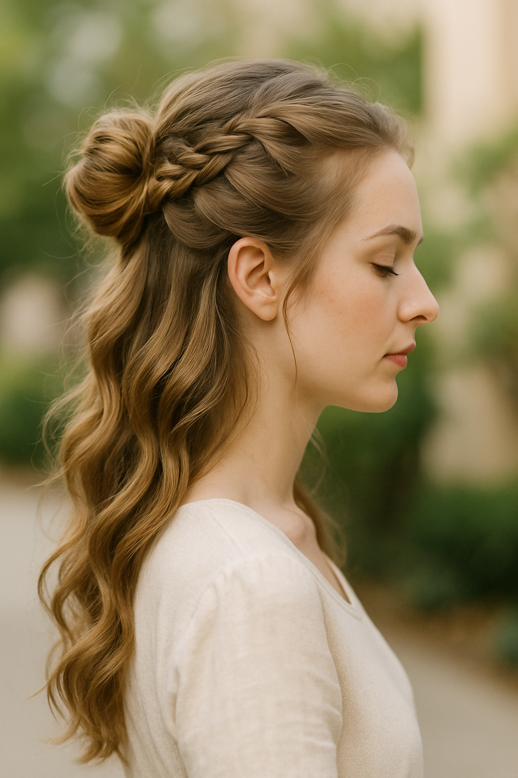 A side profile of a young girl with half-up beaded buns and wavy hair.