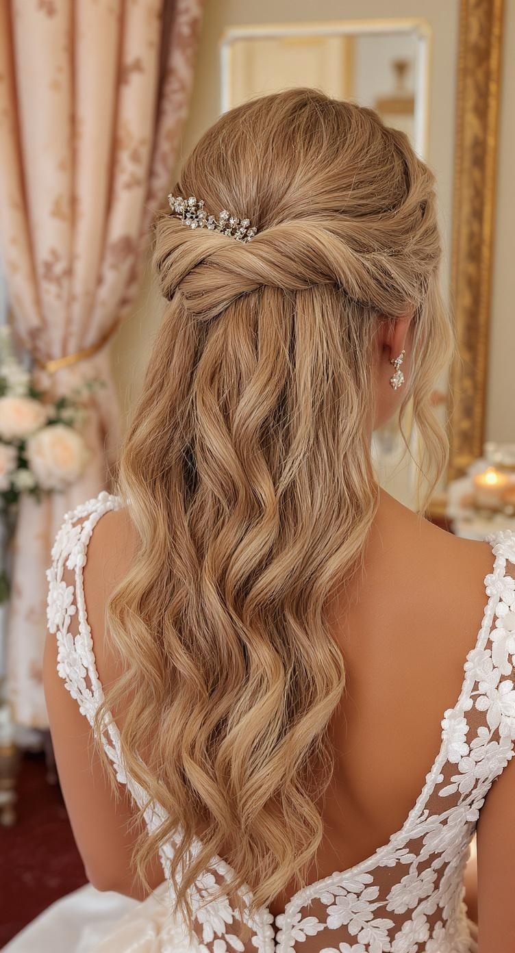 Half-up braid with cascading curls hairstyle for bridesmaids