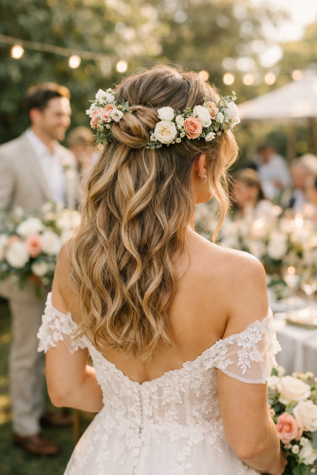 A woman with a half-up bun adorned with flowers, styled with loose waves at a wedding.