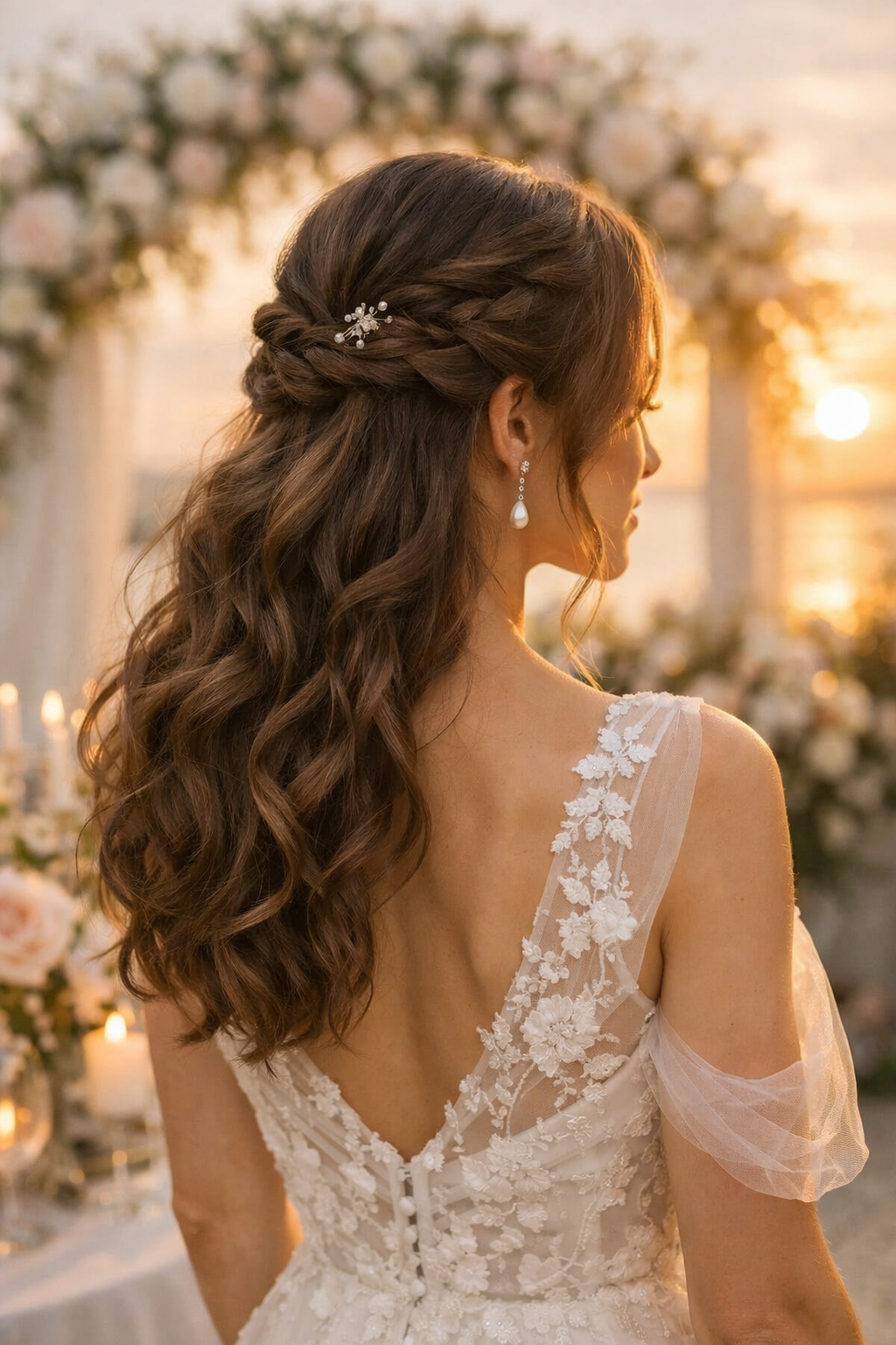 A woman with half-up curls and a side braid, seen from the back, wearing a beautiful wedding dress.