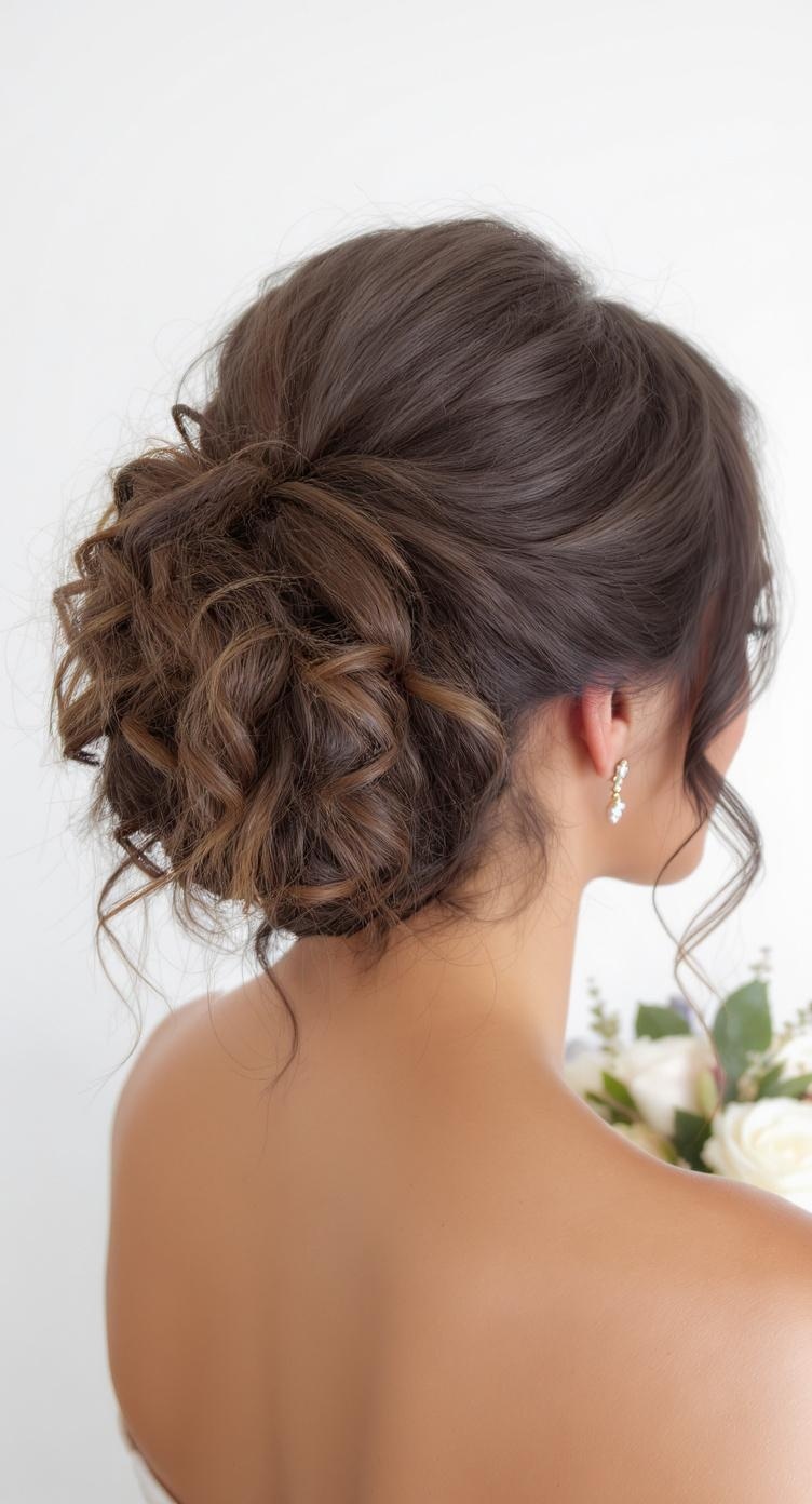 A woman with a half-up curly bun hairstyle, showcasing soft curls and elegant earrings.