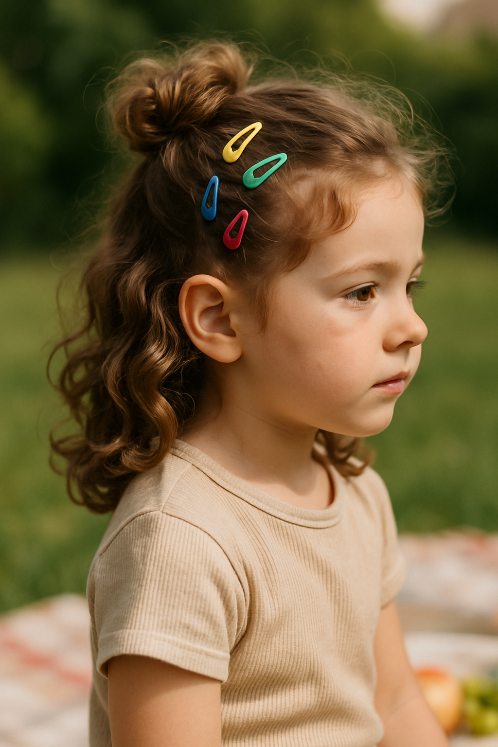 A little girl with curly hair styled in a half-updo, featuring colorful hair clips.