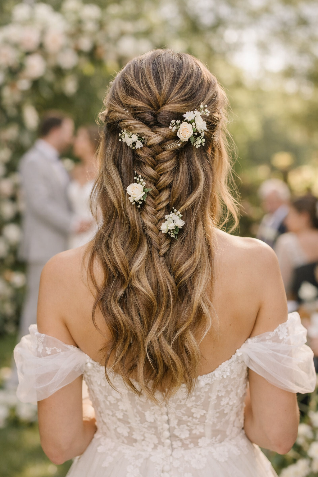A beautiful half-up fishtail braid hairstyle adorned with small flowers, showcased from the back.