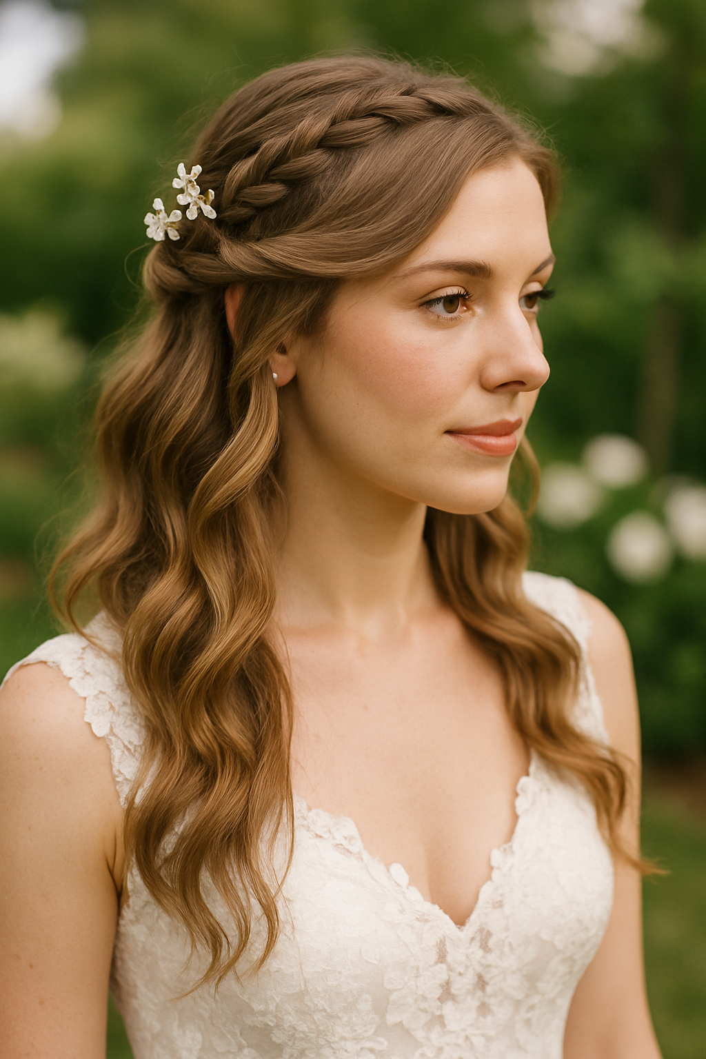A bride with a half-up half-down braided hairstyle, featuring loose waves and floral accents.