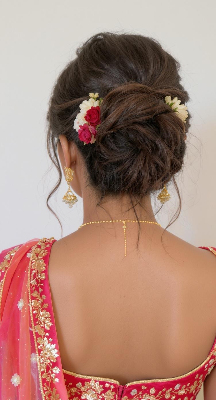 A bride showing a half-up half-down bun hairstyle adorned with flowers, wearing traditional Indian attire.
