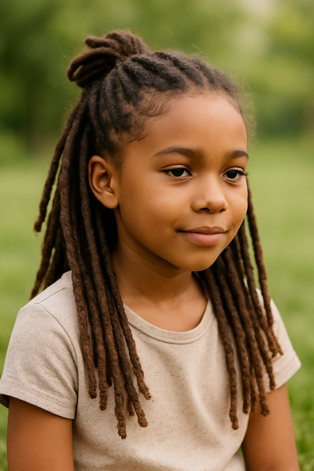 A child with half-up, half-down dread hairstyle, featuring a bun on top and long dreads flowing down.