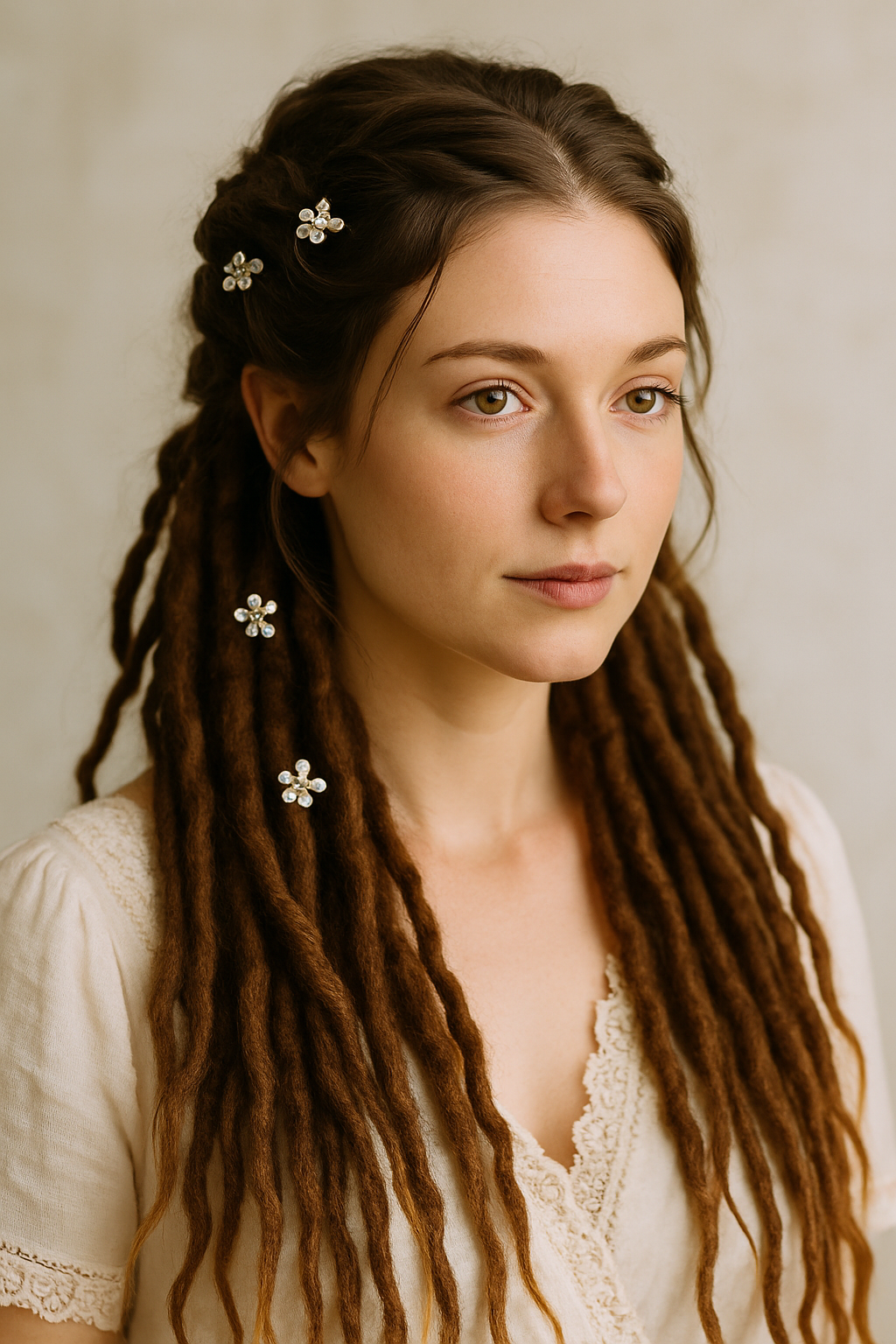 A woman with half-up half-down dreadlocks adorned with floral hair clips.