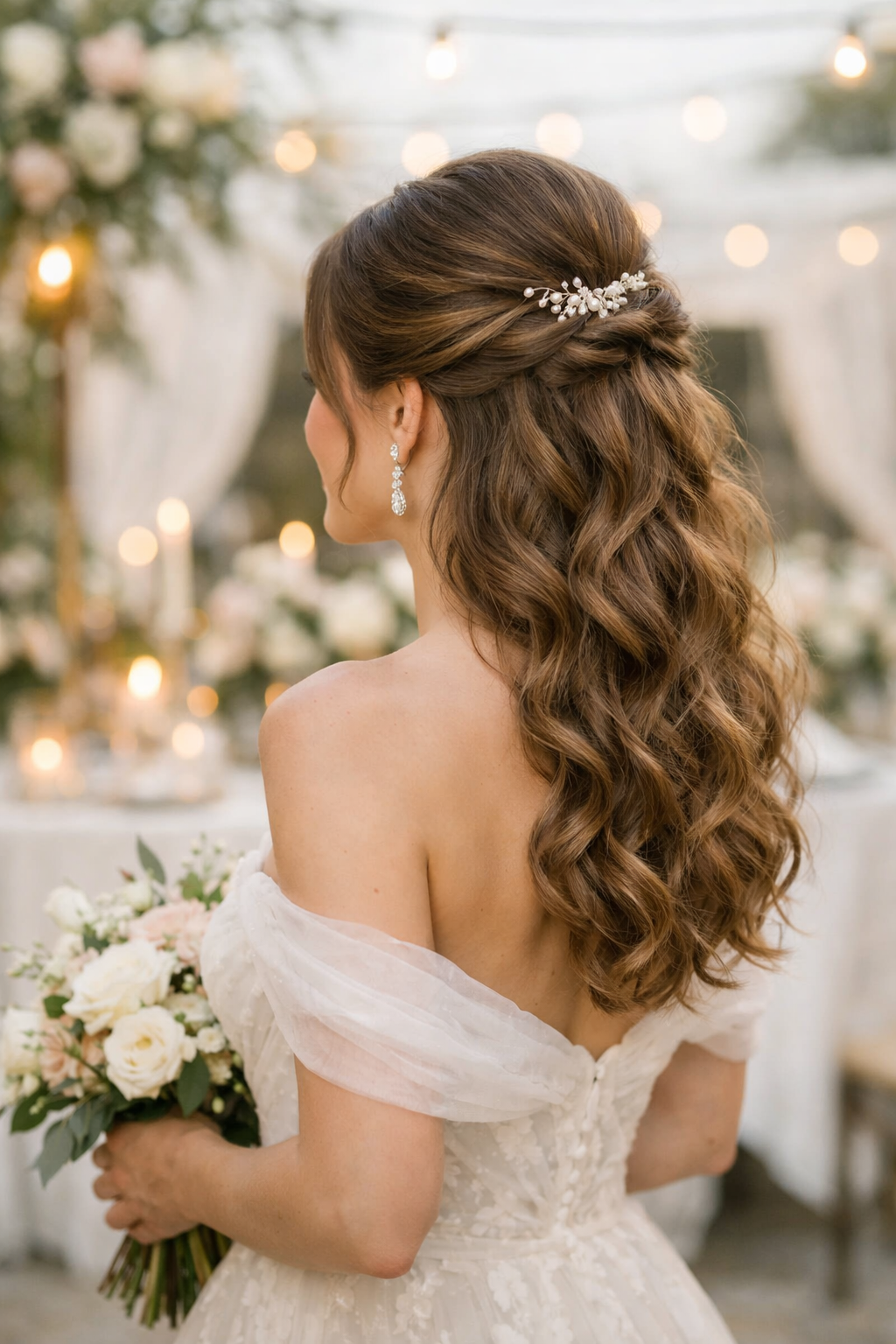 A woman with half-up half-down curls, adorned with a hair clip and holding a bouquet, set against a soft-focus wedding backdrop.