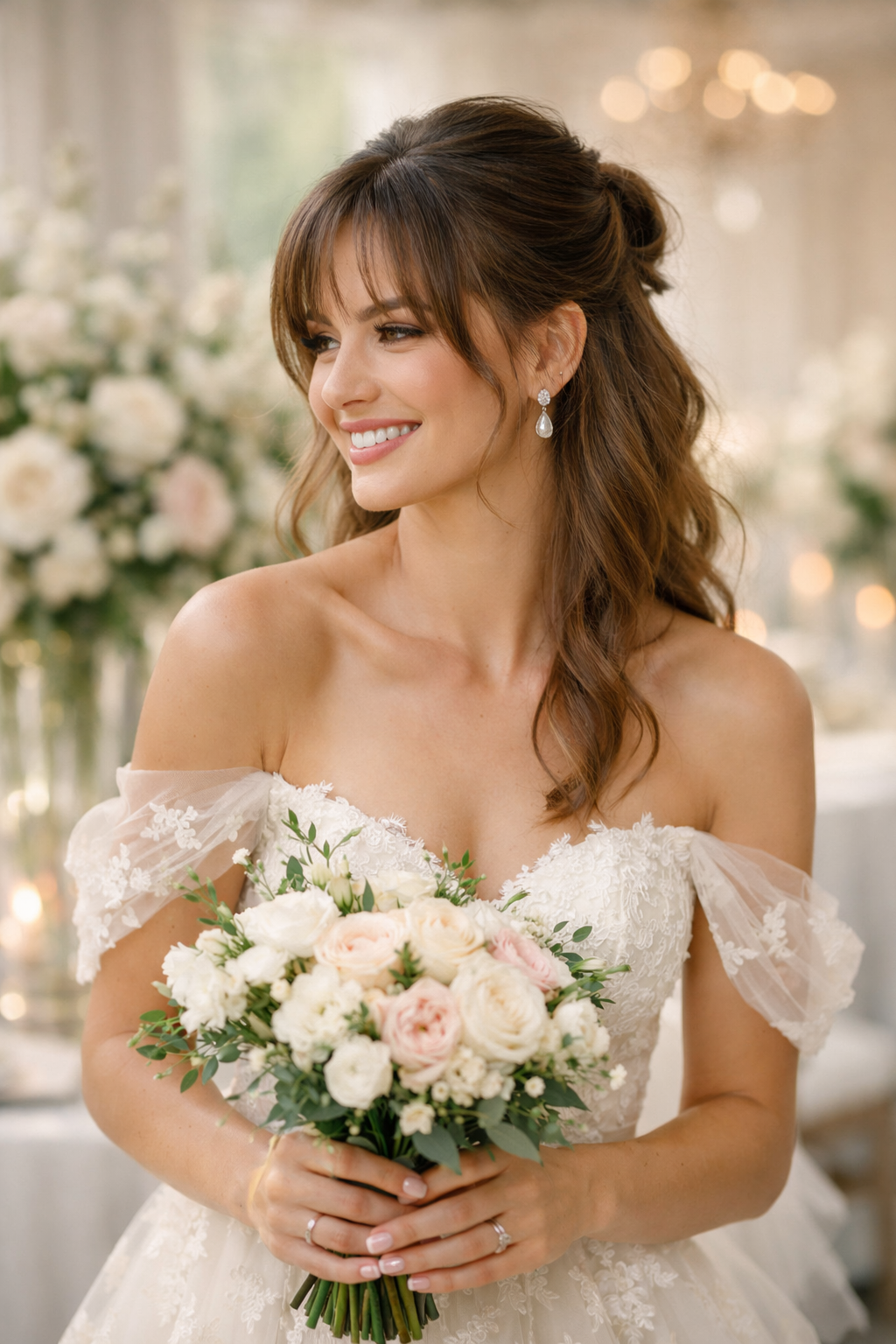 Bride with half-up, half-down hairstyle and face-framing bangs holding a bouquet.