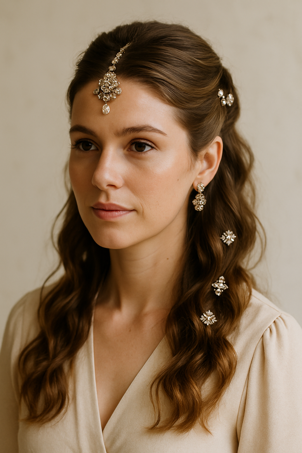 A woman with half-up half-down hairstyle adorned with jewels, showcasing elegance and style.