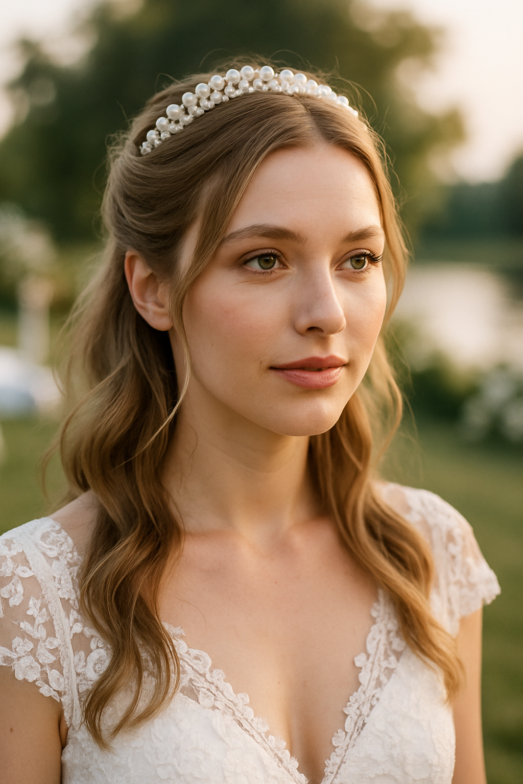 Bride with half-up half-down hairstyle and pearl tiara