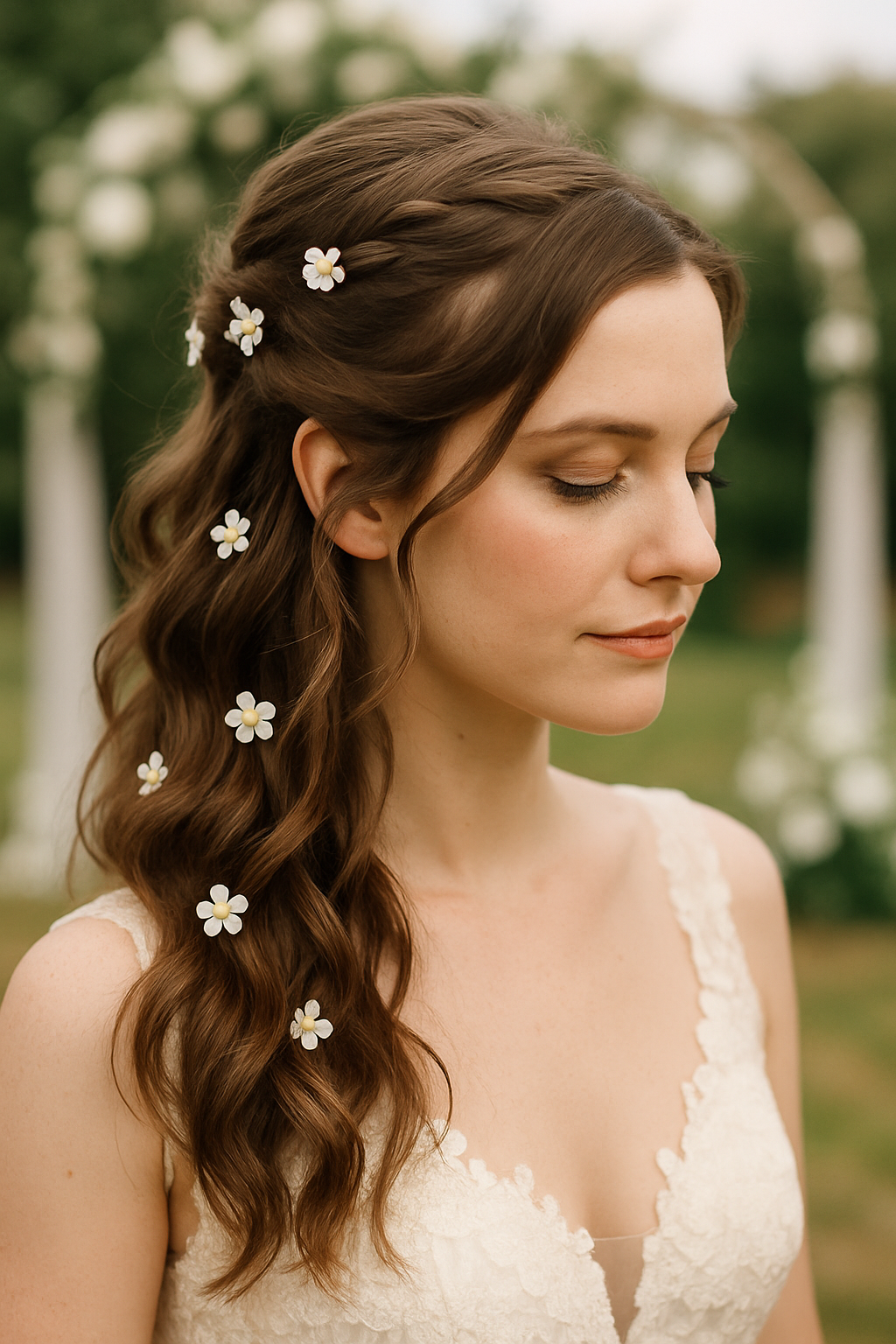 A woman with half-up half-down hairstyle adorned with small flowers, showcasing soft waves.