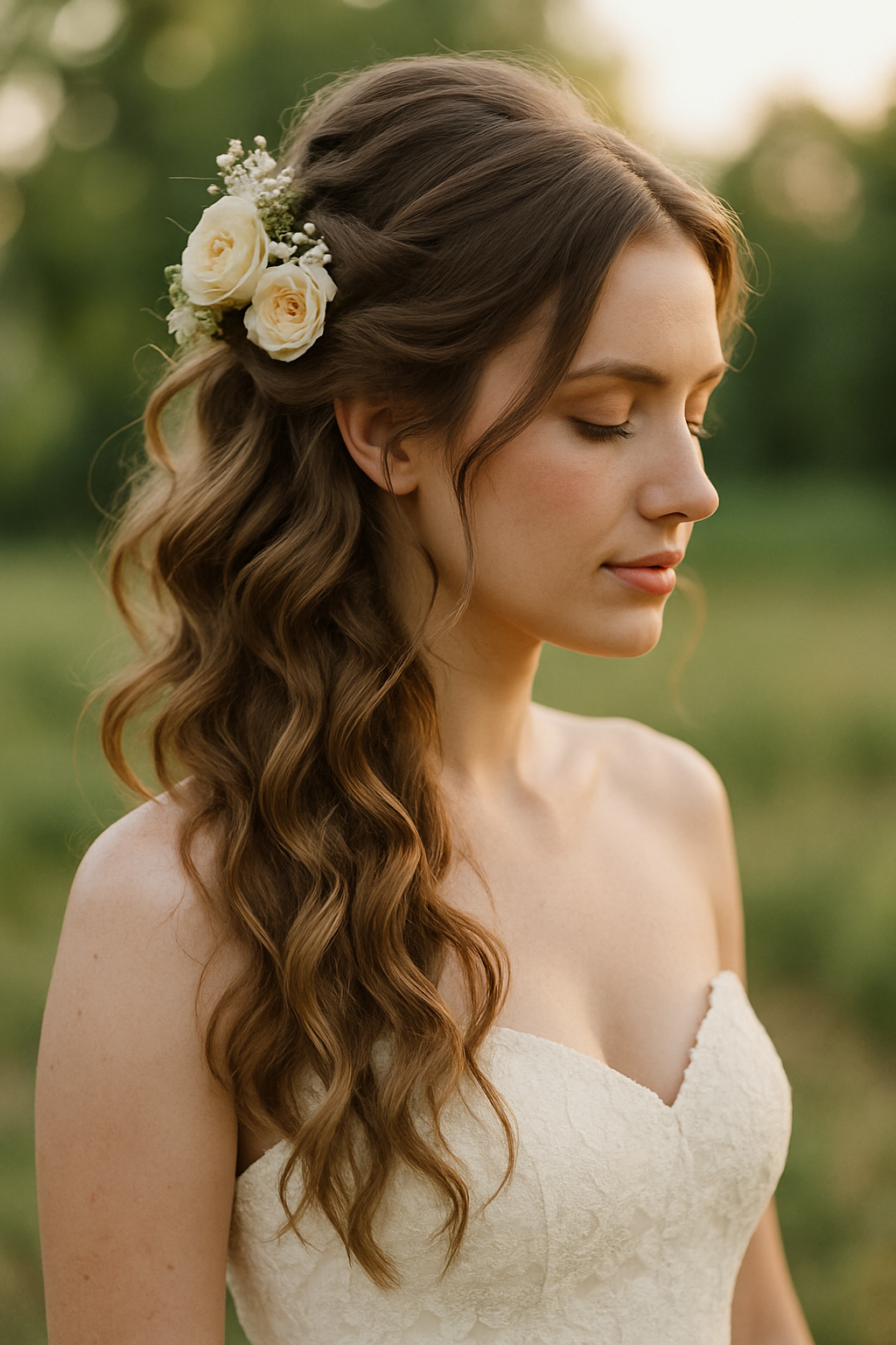 A bride with a half-up, half-down hairstyle featuring soft waves and roses, wearing a strapless wedding dress.
