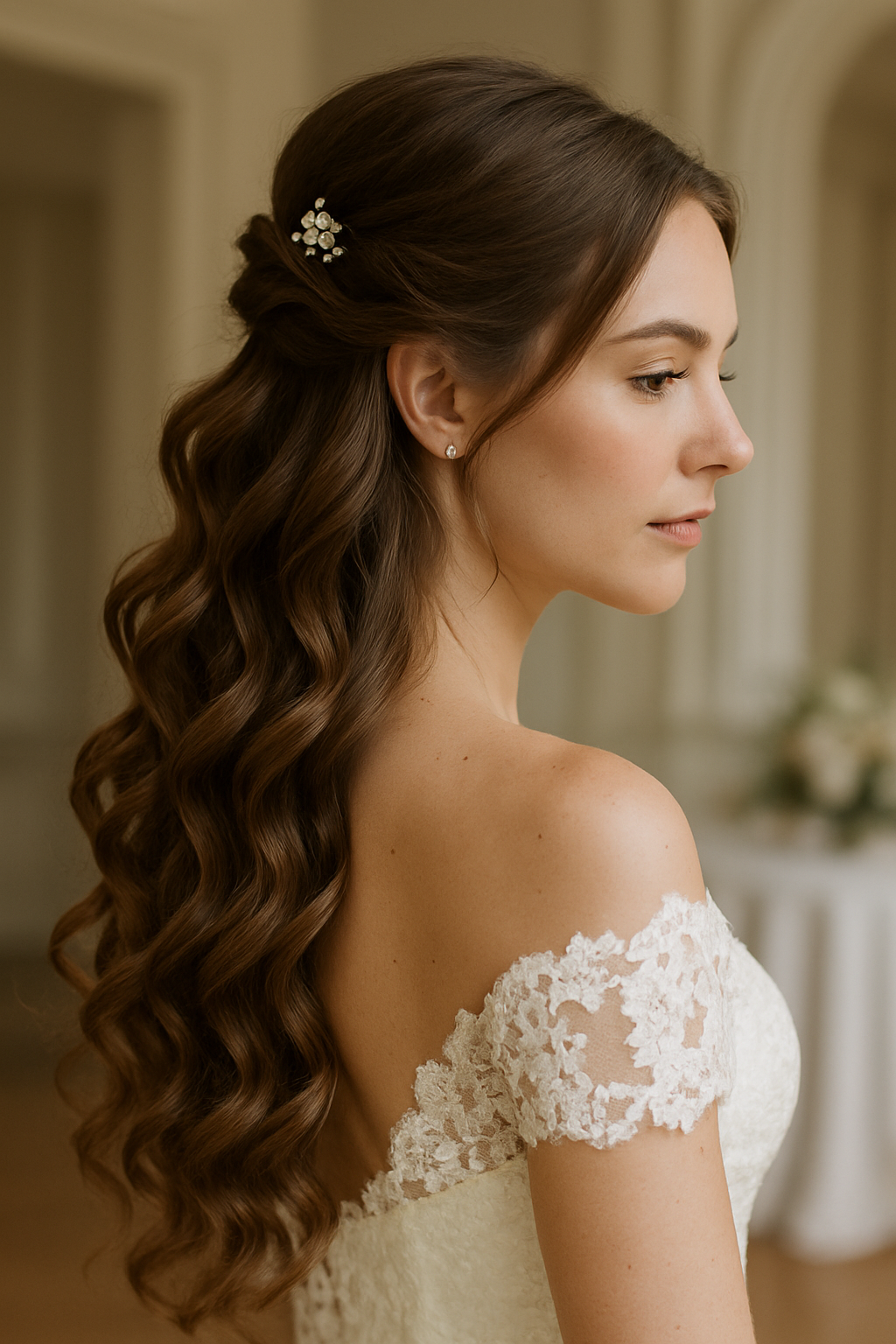 Bride with half-up, half-down hairstyle featuring cascading waves and a delicate hair accessory.