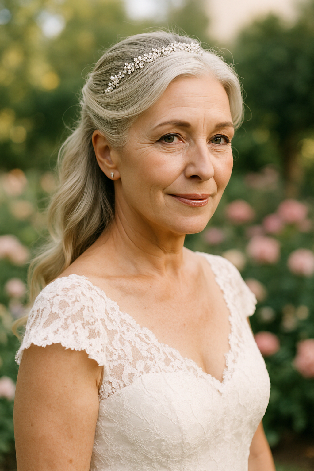 A mature bride with half-up half-down hairstyle, wearing a lace wedding dress and a delicate hairpiece.
