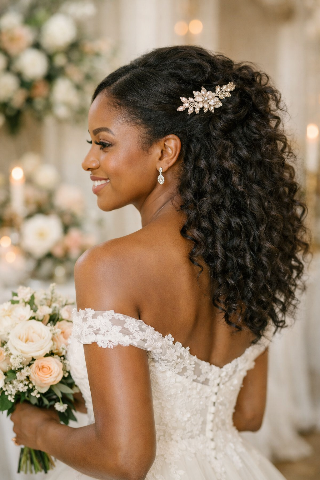 A woman showcasing a half-up, half-down hairstyle with curls and a decorative hair piece, holding a bouquet of flowers while wearing a gown.