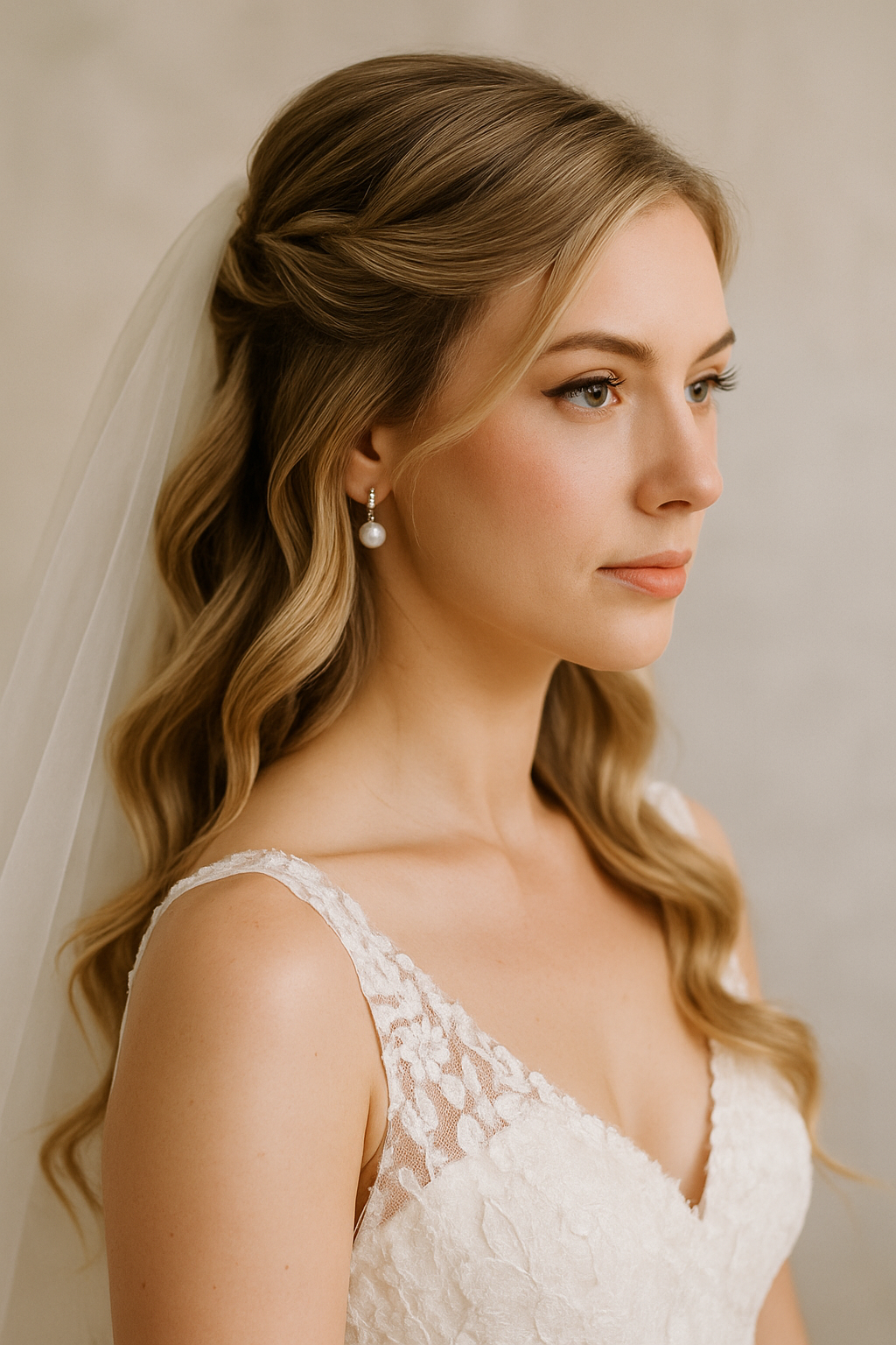 A bride with half-up, half-down hairstyle featuring soft waves and elegant twists.
