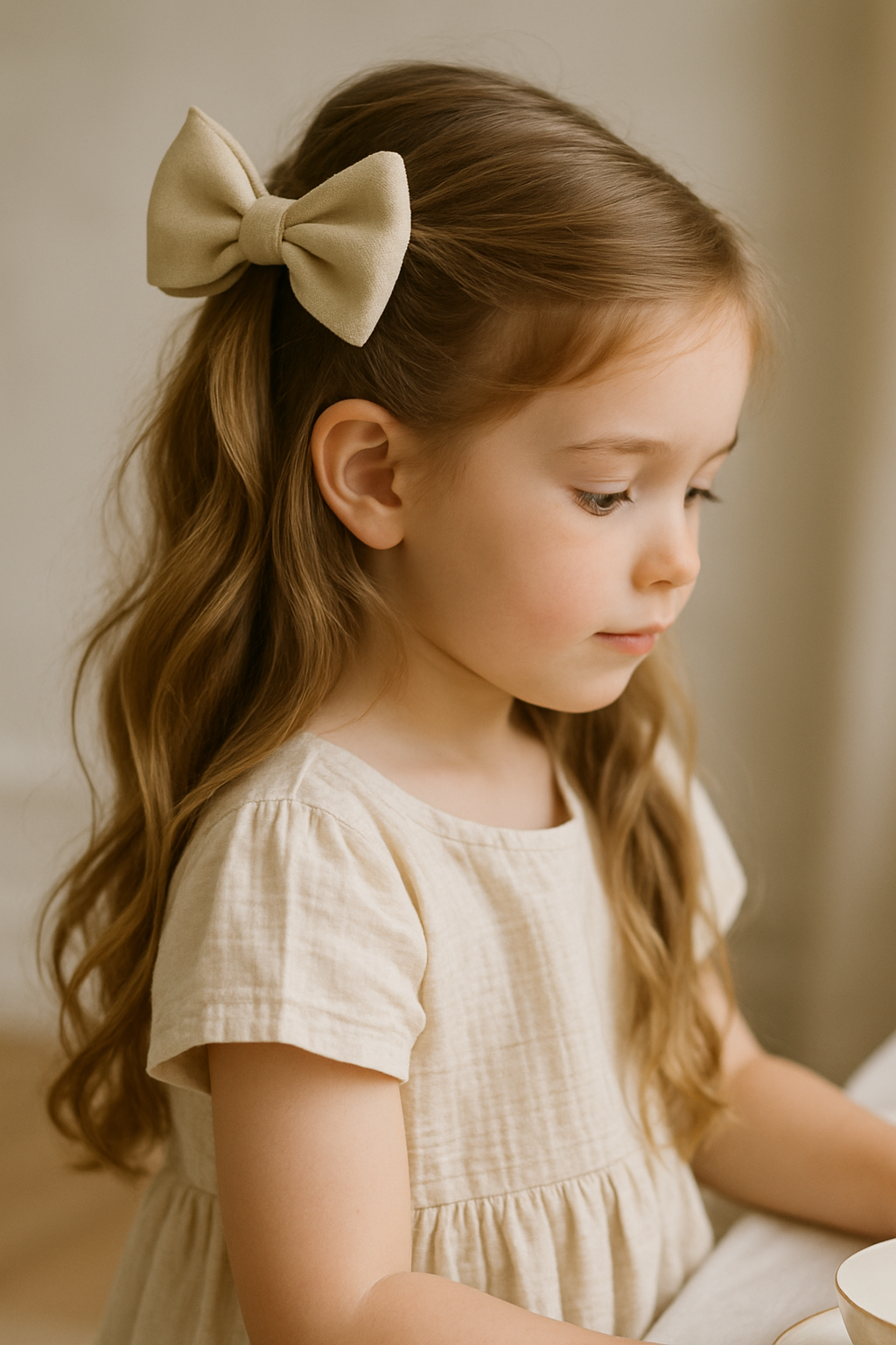 A young girl with a half-up half-down hairstyle adorned with a beige bow.