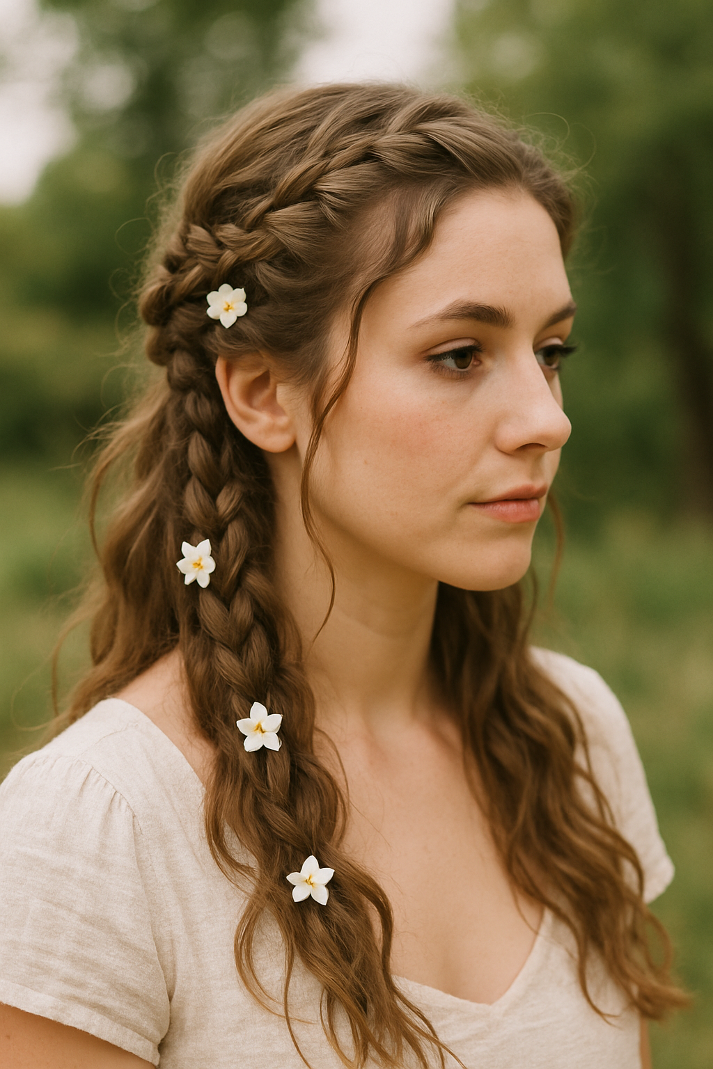 A woman with half-up half-down hairstyle featuring braids and flowers