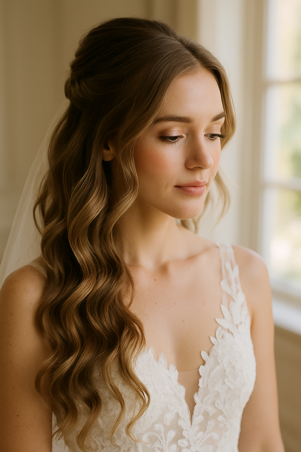 Bride with half-up half-down hairstyle featuring soft curls
