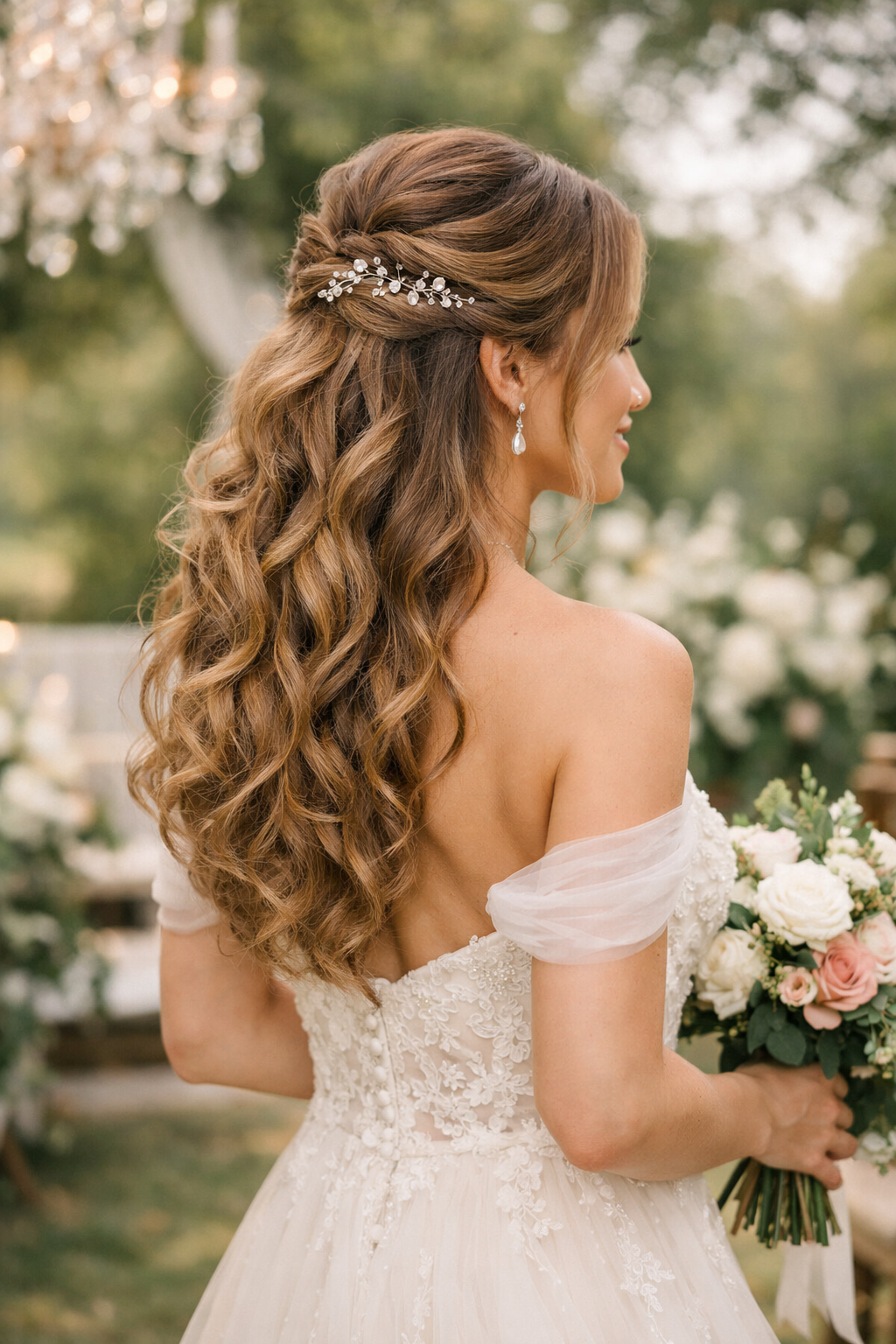 A back view of a woman wearing a half-up, half-down hairstyle with curls, holding a bouquet at a wedding.