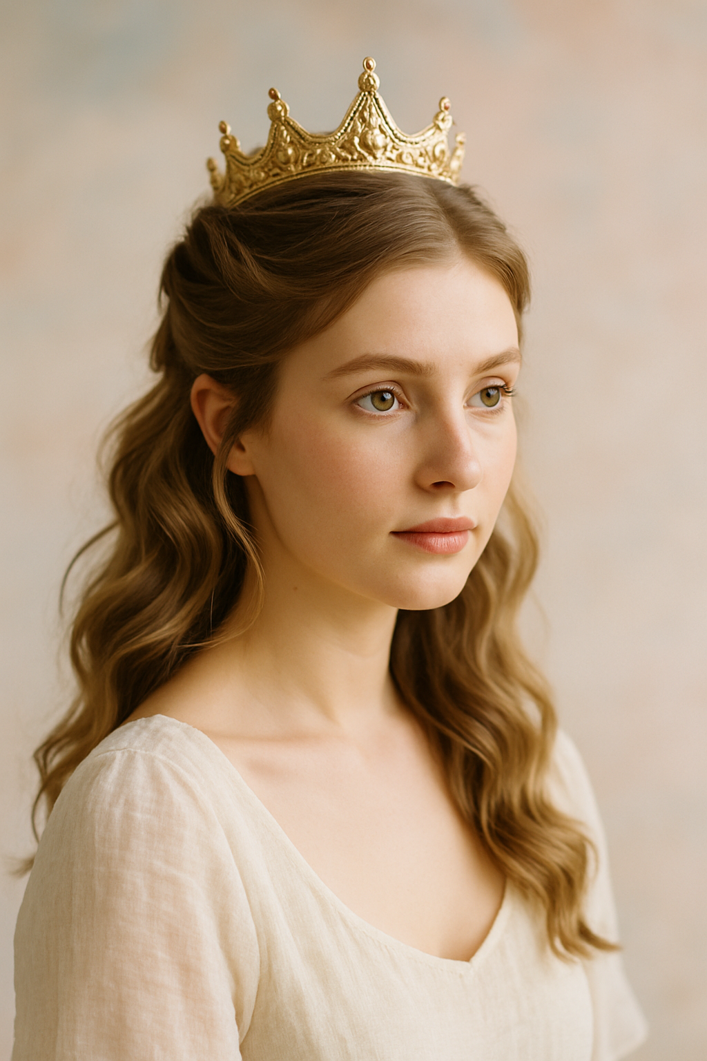 A model with a half-up half-down hairstyle wearing a gold crown.